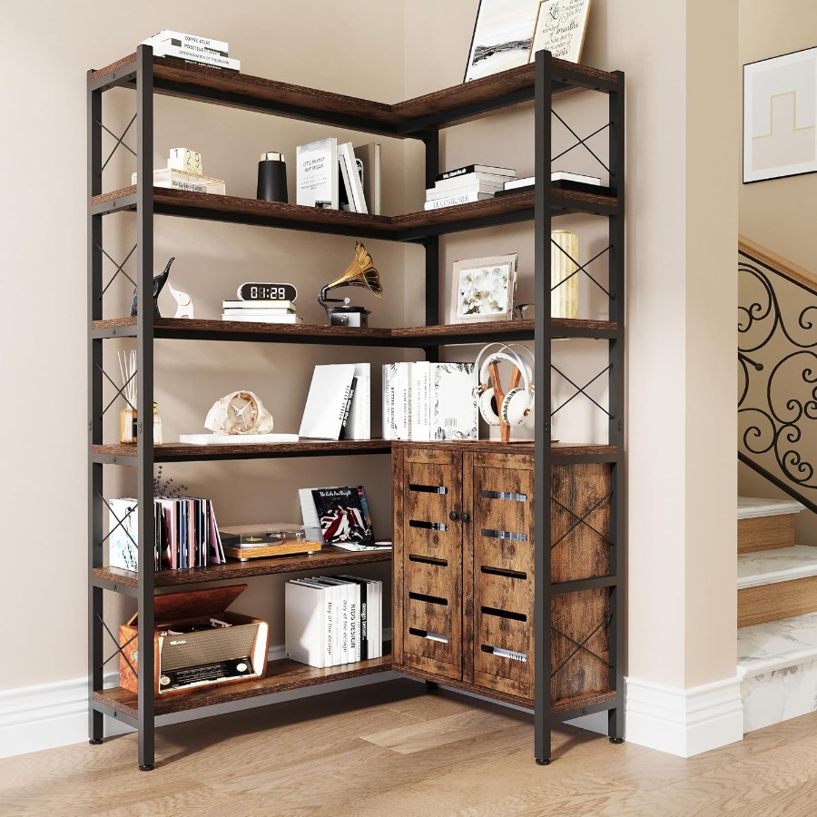Bookshelf - 6-Shelf Corner Bookshelf for Living Room,